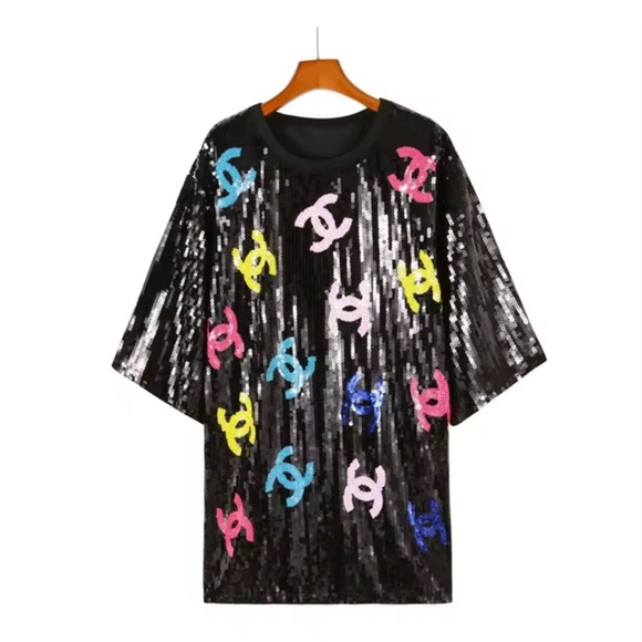 Tops - Sequin Dress with Colorful Logo Pattern